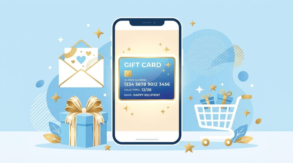 スマートフォン画面にVisaデジタルギフトカードが表示されているイラスト。ギフトボックスやショッピングカートのアイコンが周囲に描かれている。