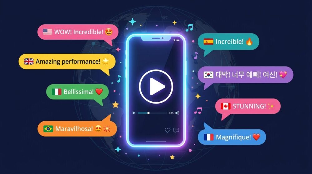 世界各国のファンの反応コメントが吹き出しで飛び交うスマホ画面のイラスト。Ado「ビバリウム」実写MV海外反応まとめ記事のヘッダービジュアル。