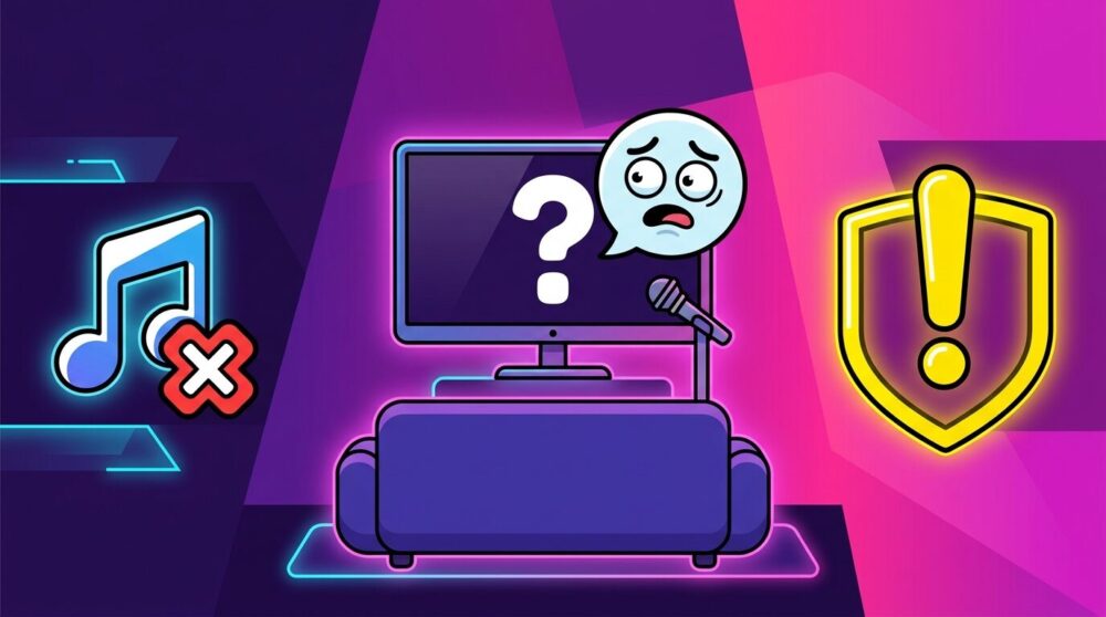 カラオケルームで困り顔の吹き出しと音符の警告アイコンが並ぶイラスト。まねきねこE-boの評判・不満をテーマにしたポップなイメージ。