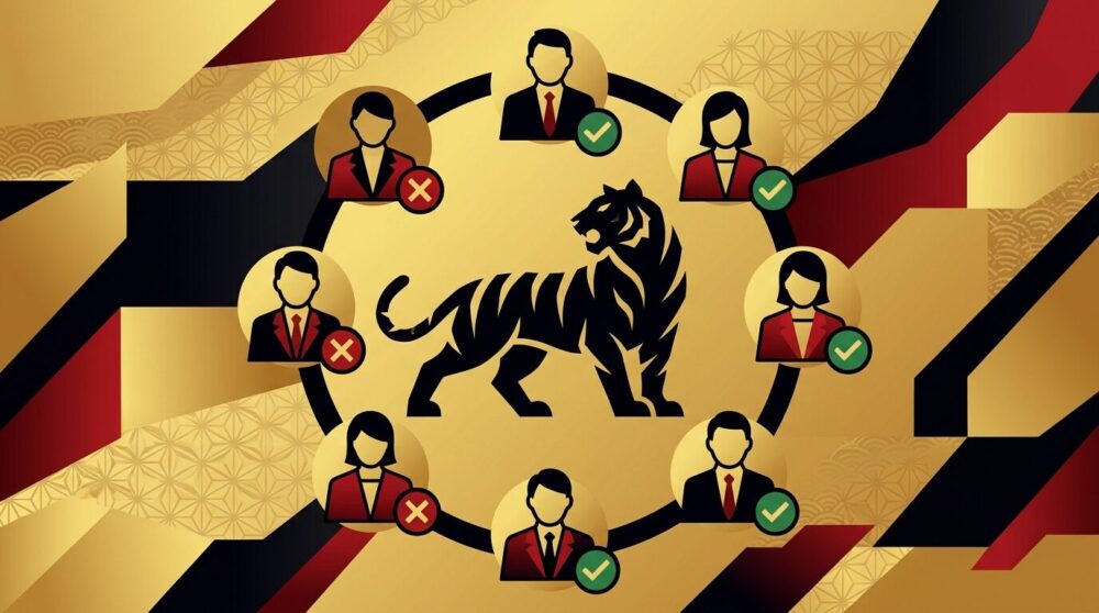 虎のシルエットを囲むビジネスマンアイコンのイラスト。現役・引退・出禁のバッジが付き、令和の虎キャスト図鑑2026のテーマを表現したポップなデザイン。