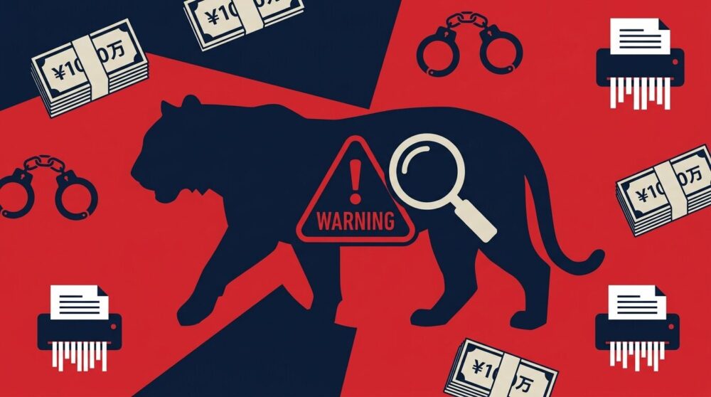 虎のシルエットに警告アイコンと虫眼鏡が重なるイラスト。手錠や札束のアイコンが並び、令和の虎の詐欺・トラブル事例を検証するニュース調のポップなデザイン。