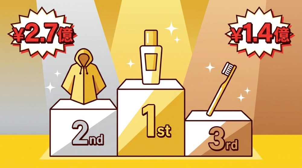 表彰台に化粧品・ポンチョ・歯ブラシのアイコンが並ぶイラスト。通販の虎AWARD2025の売上ランキングをテーマにしたゴールドカラーのアワード授賞式イメージ。