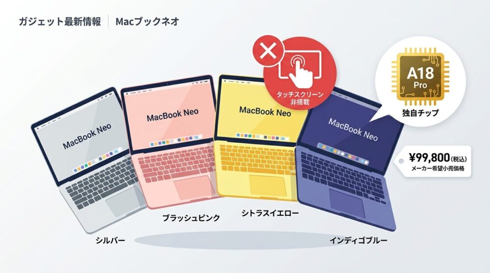 MacBook Neo 2026年モデルの4色カラバリとタッチパネル非搭載・A18 Pro搭載・価格99,800円を示すフラットデザインイラスト