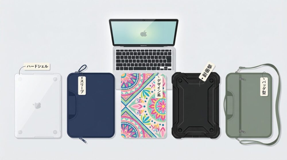 MacBook Air M5対応ケース5タイプ（ハードシェル・スリーブ・デザイン系・耐衝撃・バッグ型）を並べたフラットデザインのイラスト