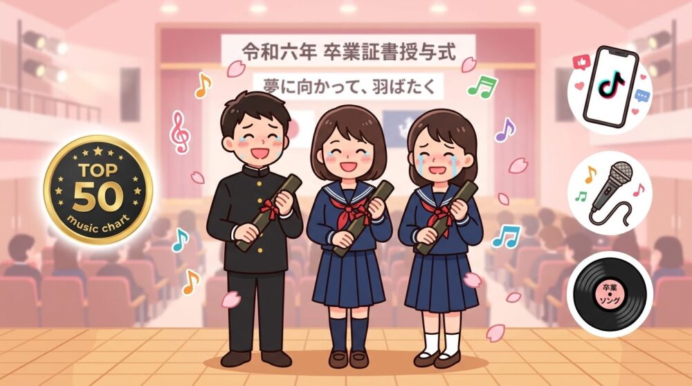 2026年卒業ソングランキングTOP50イメージ｜卒業式で涙する学生と桜吹雪のフラットデザインイラスト