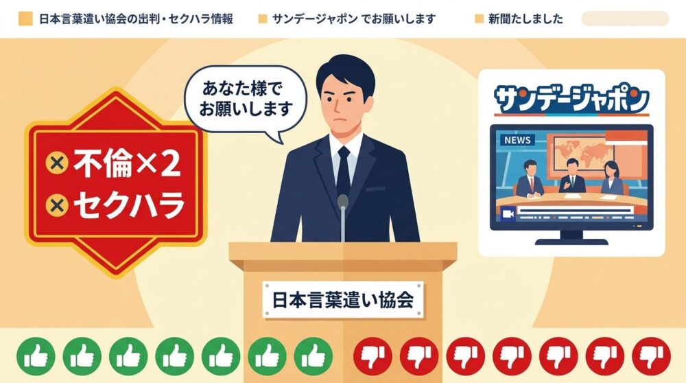 箕輪厚介が日本言葉遣い協会を設立しサンデージャポンで話題になった様子と過去の不倫・セクハラ報道を示すフラットデザインイラスト