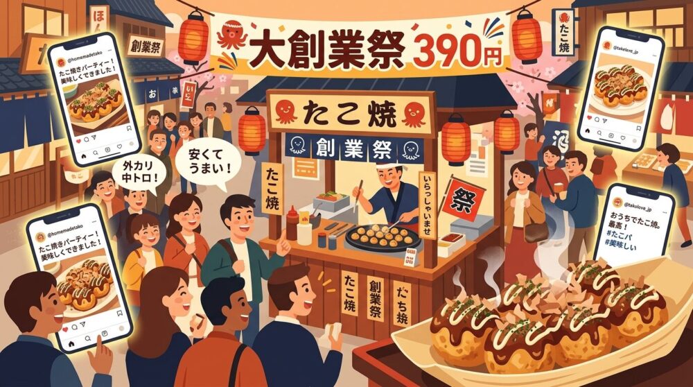 築地銀だこ大創業祭2026の390円セールに行列が殺到しSNSで自家製たこ焼き投稿ブームが広がる様子のフラットデザインイラスト