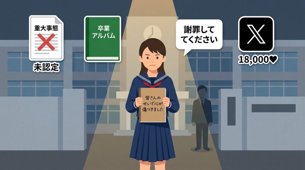 郡山市安積中学校いじめ被害者が卒業文集書き直し要求と重大事態未認定に立ち向かい実名公表を宣言する様子を描いたフラットデザインイラスト