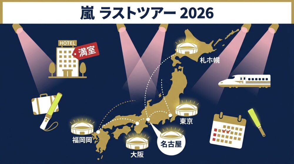 嵐ラストツアー「We are ARASHI」2026年・全国5大ドーム会場（札幌・東京・名古屋・福岡・大阪）のホテル予約状況と遠征ガイドを日本地図とアイコンで表現したフラットデザインのイラスト。