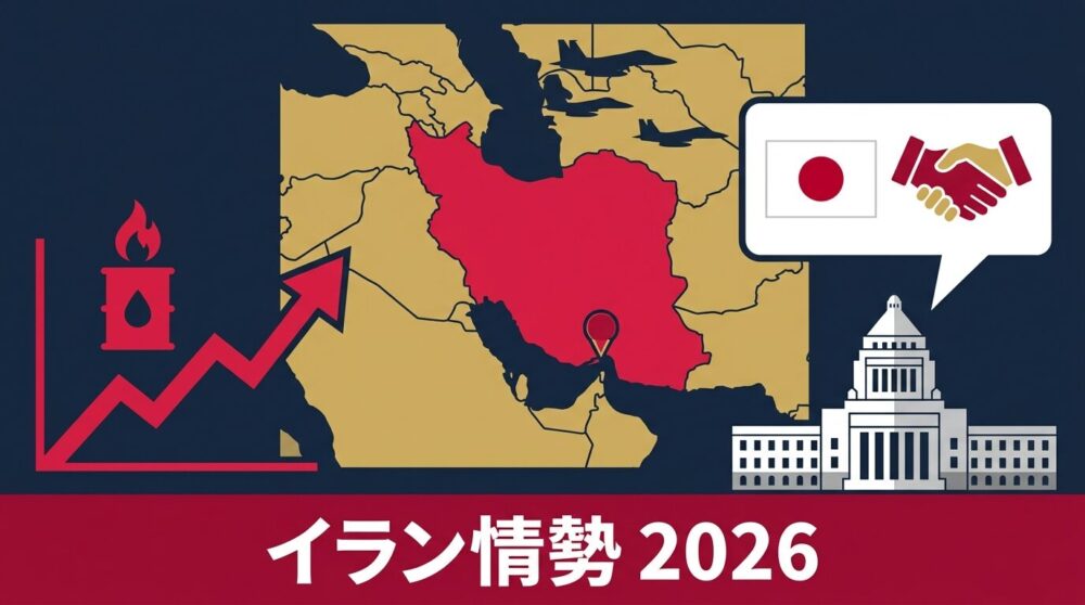 2026年イラン戦争の概要（米・イスラエルによる攻撃・ホルムズ海峡封鎖・原油高騰）と高市首相の外交対応を、中東地図・価格チャート・外交アイコンで表現したフラットデザインのイラスト。