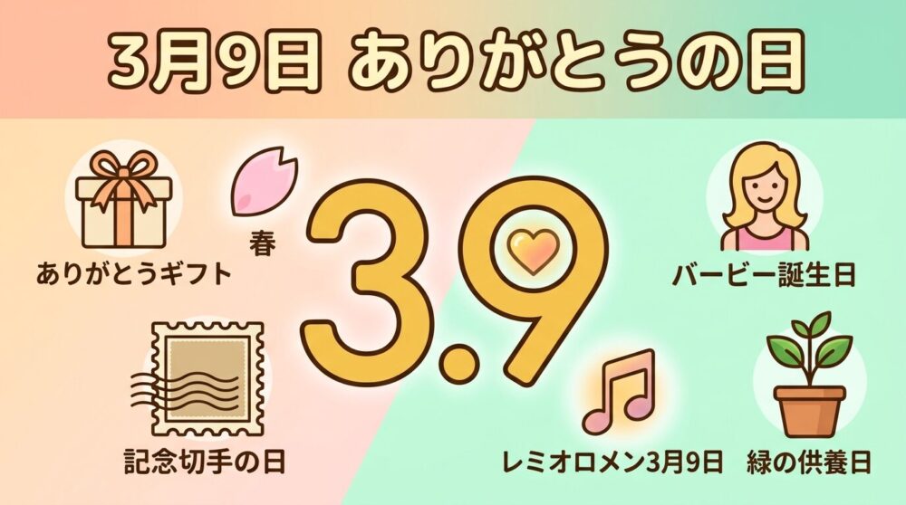 2026年3月9日「ありがとうの日（サンキューの日）」の由来・記念日・イベントをギフトボックス・桜・音符・切手などのアイコンで表現した春らしいフラットデザインのイラスト。