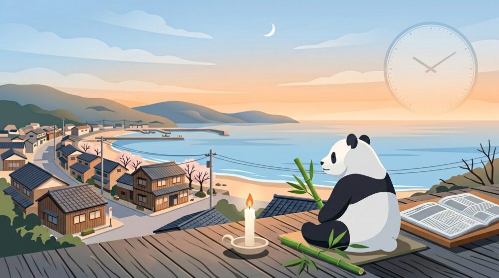 3月11日の記念日をイメージしたイラスト。ろうそくの灯・パンダ・新聞コラムを描いたフラットデザイン