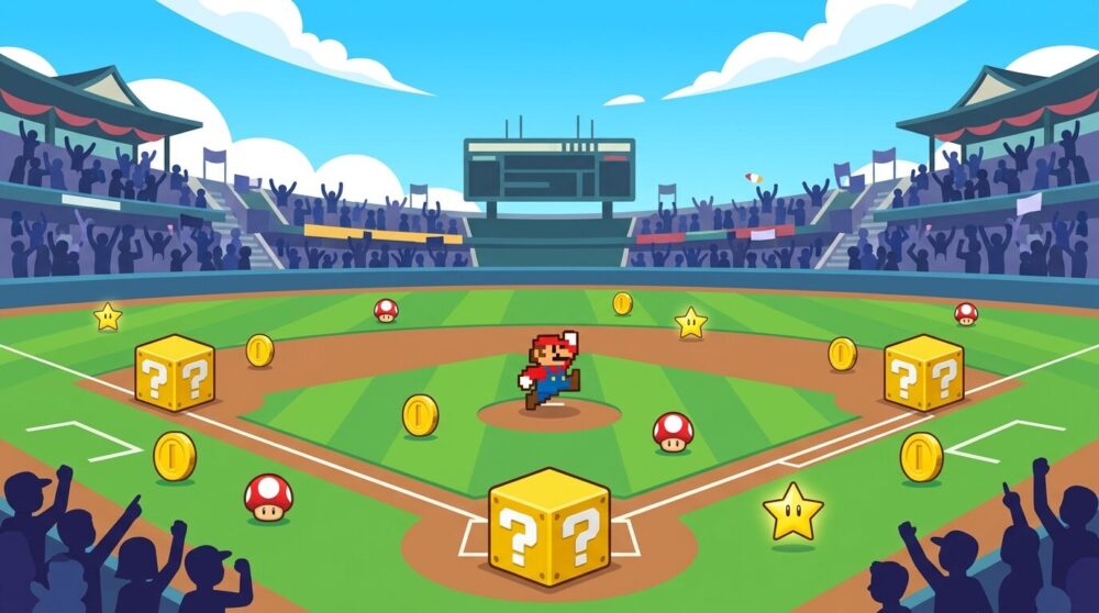 スーパーマリオブラザーズ40周年とプロ野球12球団コラボをイメージしたイラスト。野球場のベースがハテナブロックになりマリオが始球式をするシーン