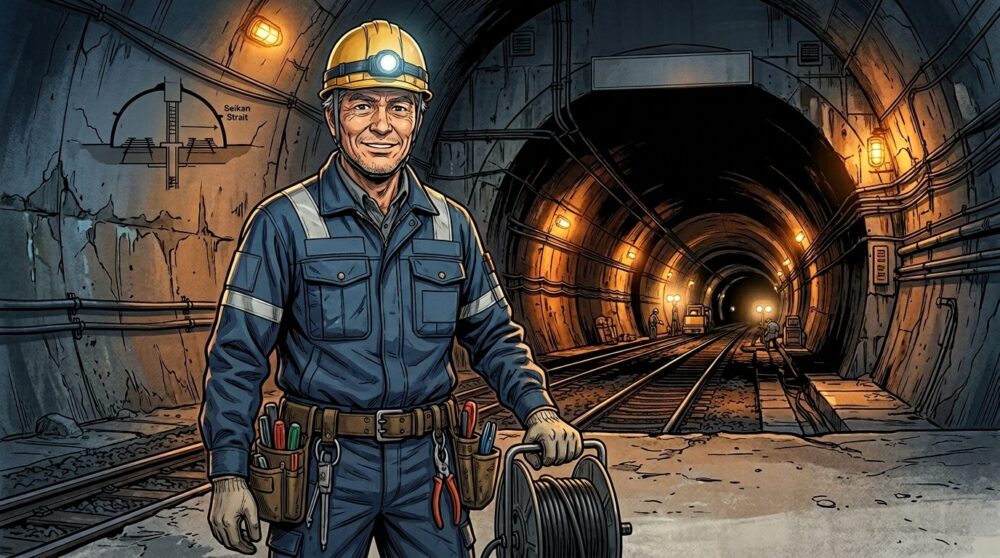 青函トンネルの入口に立つ50代のベテラン電気工事士のイラスト。黄色いヘルメットと青い作業服を着て、力強い眼差しで前を向いている。