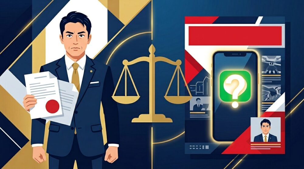 起業家がサナエトークン報道をめぐり裁判書類を手に持ち、週刊誌とスマートフォンのLINE画面を象徴するイラスト。法的対立を表す天秤のアイコンが中央に描かれている。