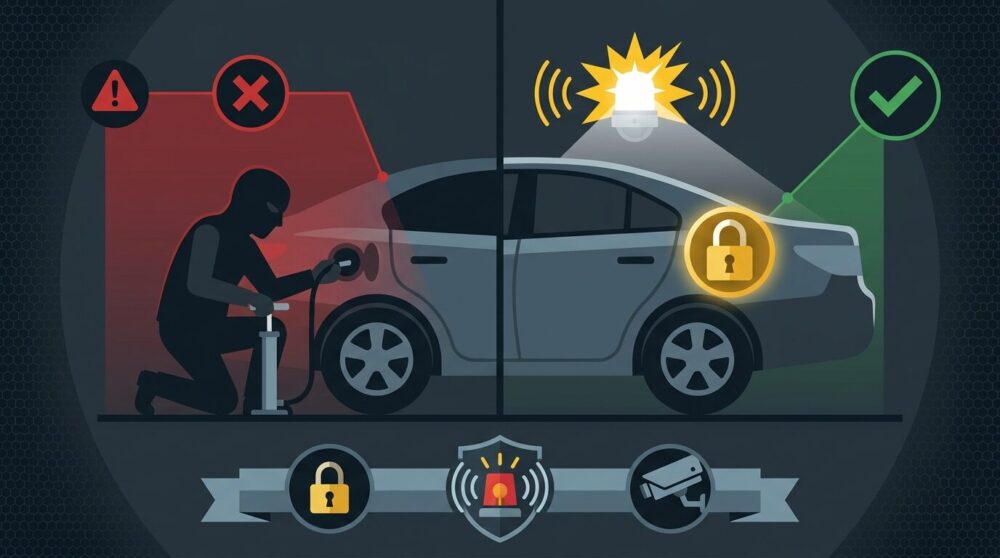 夜間に車の給油口へ不審者が近づく危険な場面（赤いバツ印付き）と、鍵付きフューエルキャップと人感センサーライトで守られた車（緑のチェックマーク付き）を対比したイラスト。下部に鍵付きキャップ・センサーライト・防犯カメラの3つのセキュリティアイコンが並んだ、燃料盗難防止ガイドのインフォグラフィック。