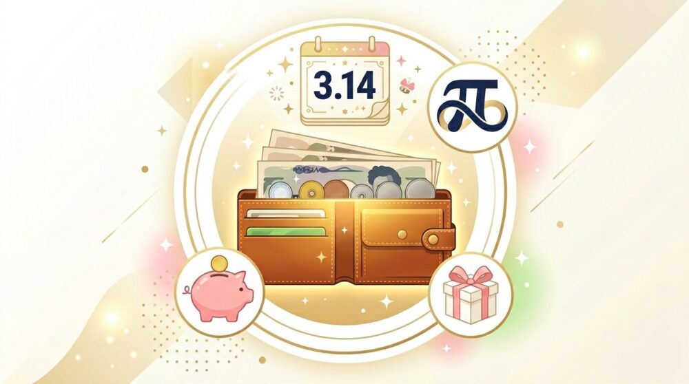 3月14日・円周率の日に金色の光を放つ本革財布を中心に、π（パイ）シンボル・ホワイトデーギフトボックス・貯金箱が円を描くように配置されたイラスト。「永遠に続く円周率＝お金が途切れない」をテーマにした春財布の金運アップ開運インフォグラフィック。