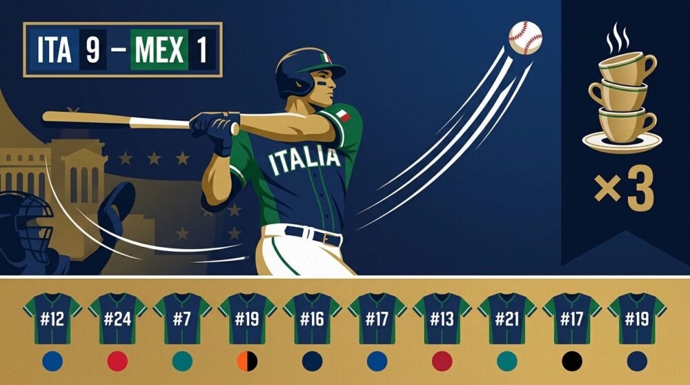 WBC2026プールBを4戦全勝・1位通過したイタリア代表のイラスト。中央に本塁打を放つ4番打者、右上にエスプレッソ3杯のアイコン、左上に「ITA 9 – MEX 1」のスコアボード、下部にMLB各球団カラーのロースターパネルが配置されている。