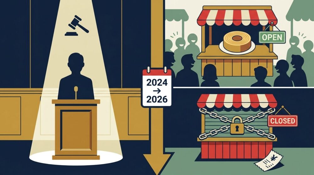 左側に被告席に立つシルエット人物と木槌アイコンの法廷イラスト、右側に繁盛していたバウムクーヘン販売台（緑のOPEN看板）から閉店シャッター（赤のCLOSED看板・鍵アイコン）へと変化する2段構成のタイムラインパネルが並んだ編集イラスト。2024年から2026年への時系列を示す下向き矢印が中央に配置されている。