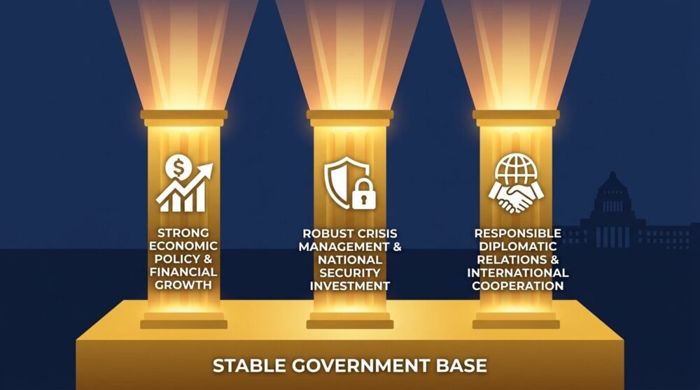 経済・危機管理・外交の三本柱を表す黄金の柱のイラスト。高市内閣支持率7割維持の政策的背景・積極財政と外交安保解説記事のヘッダービジュアル。