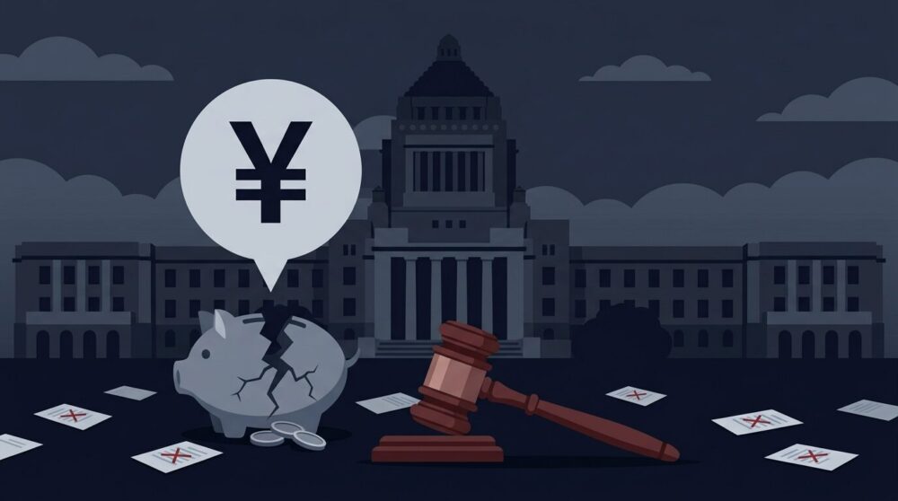 国会議事堂と裁判の木槌・割れた貯金箱で政治スキャンダルと有罪判決を表現したイラスト