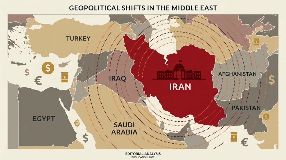 イラン最高指導者ハメネイ師死亡と米イスラエル攻撃を象徴するイラスト。中東地図とエネルギー価格への影響をイメージしたニュース用ビジュアル。