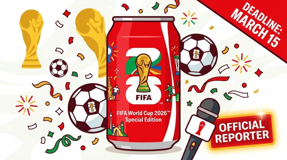 W杯限定コーラ缶とマイクアイコン・締切バナーが並ぶイラスト。コカ・コーラFIFAワールドカップ26現地リポーターキャンペーン解説記事のヘッダービジュアル。