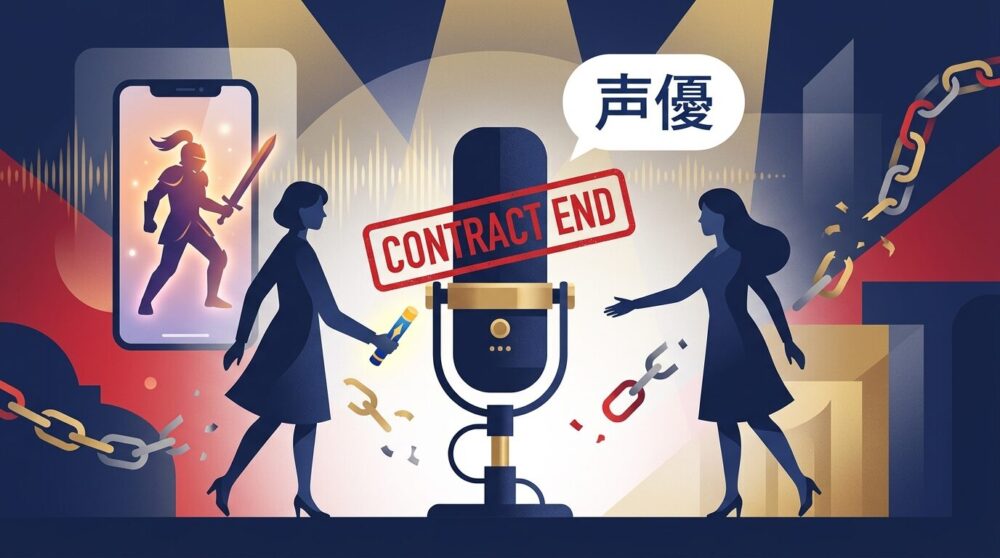 声優交代と契約満了をマイク・バトンリレー・断ち切られた鎖で表現したイラスト。エンタメ業界の契約変化を解説する記事のヘッダービジュアル。