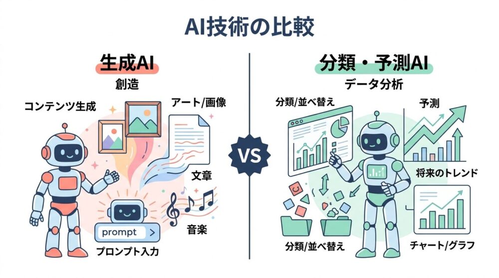 生成AIと識別・予測AIの違いを比較したインフォグラフィックイラスト