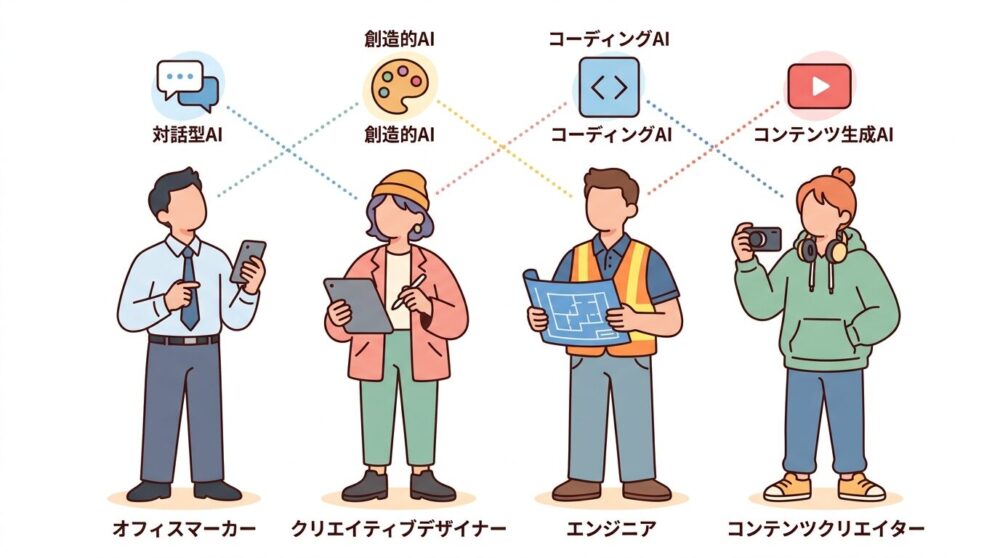 仕事別のAIツール使い分けを示すイラスト｜営業・デザイナー・エンジニア・クリエイターとAIアイコン
