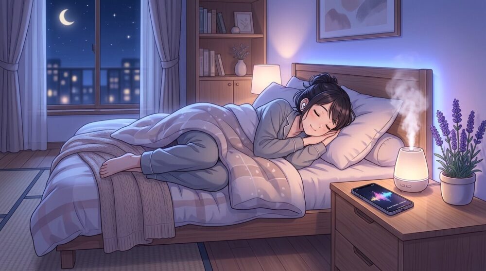 花粉症の夜にASMRを聴きながら眠る人のイラスト｜加湿器とスマホが置かれたベッドサイド