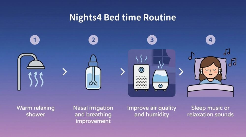 花粉症の夜のASMR快眠ルーティン4ステップのインフォグラフィックイラスト
