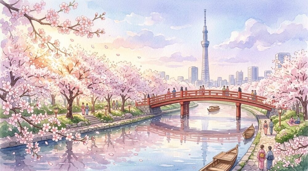 東京の川沿いに満開の桜が咲くイラスト｜スカイツリーを背景にした春の風景