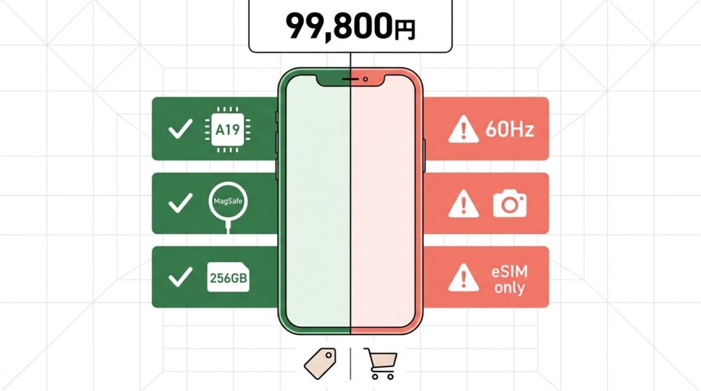 iPhone 17eの買うべき理由と妥協点を左右に分けて比較したイラスト——機能メリットと注意点をアイコンで表現