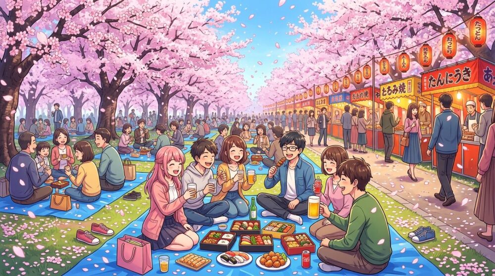 上野公園の花見イベントイラスト｜屋台とブルーシートで花見を楽しむ人々