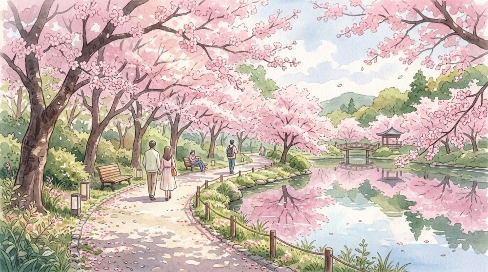 人の少ない穴場の桜公園イラスト｜池に映る桜と静かな散策路