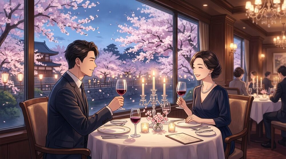 窓の外に満開の桜が見えるレストランでディナーを楽しむカップルのイラスト