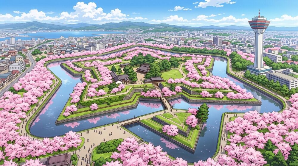  函館・五稜郭の星形城郭を上空から見たイラスト｜満開の桜がお堀を囲む春の絶景