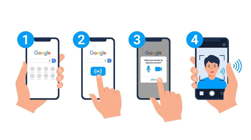 Google検索Liveの起動手順を4ステップで示したイラスト