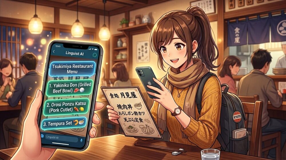 旅行先で外国語メニューにスマホをかざしてGoogle検索Liveで翻訳するイメージイラスト