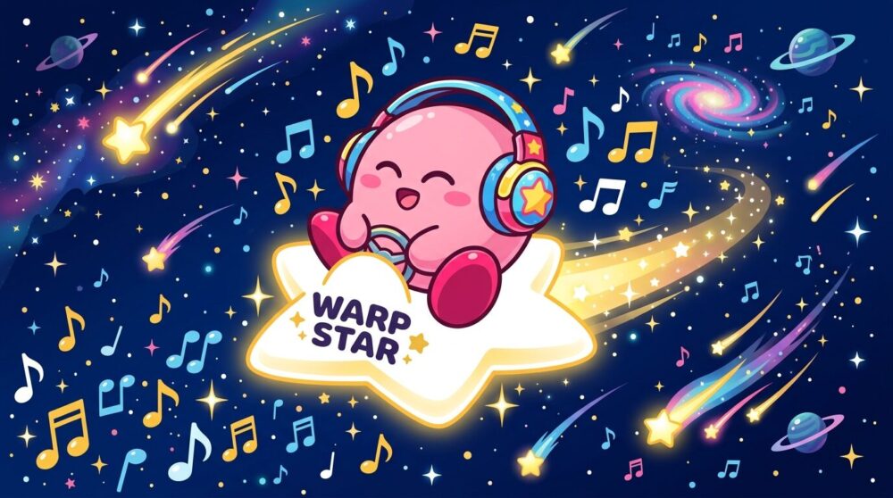 カービィがホワイールスターに乗りながらヘッドフォンで音楽を聴くイラスト。Nintendo Musicに全114曲が配信されたことを表現。