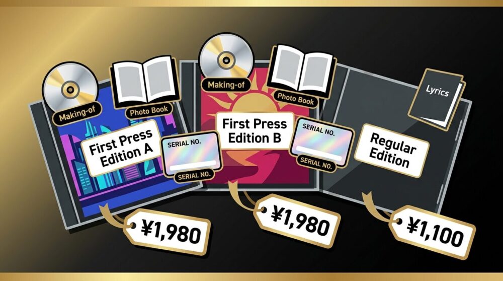 Snow Man 13thシングル「BANG!!/SAVE YOUR HEART/オドロウゼ!」の初回盤A・初回盤B・通常盤3形態を並べたイラスト。各形態の特典内容と価格を視覚的に表現。