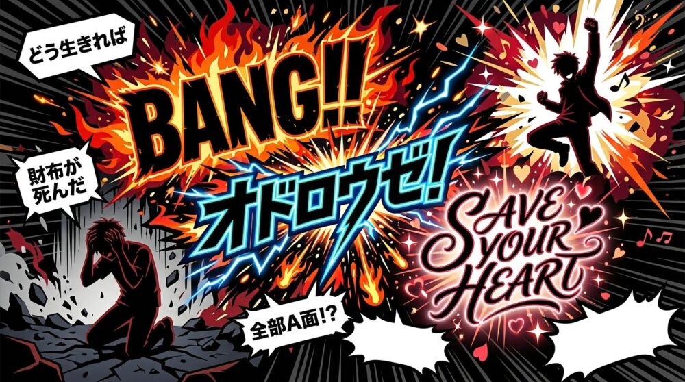 「BANG!!」「SAVE YOUR HEART」「オドロウゼ!」3タイトルが爆発的に飛び出すイラスト。Snow Manトリプルア面シングル発表でSNSが歓喜と悲鳴に包まれた熱狂を表現。
