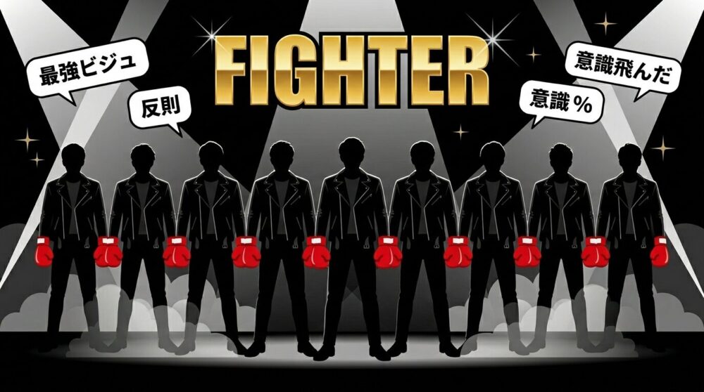 黒レザー衣装に赤グローブを着けた9人のシルエットが並ぶイラスト。Snow Man13thシングル「BANG!!/SAVE YOUR HEART/オドロウゼ!」のFIGHTERコンセプトジャケットビジュアルとSNS騒然の反応を表現。