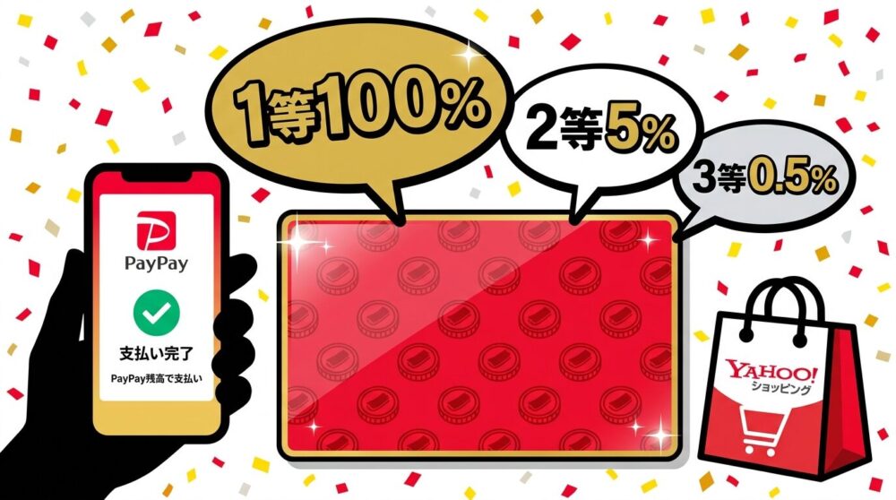スマートフォンでPayPay決済するイラストとスクラッチくじカード。2026年3月「超PayPay祭」のスクラッチくじ最大全額還元とYahoo!ショッピング最大22%還元キャンペーンを表現。