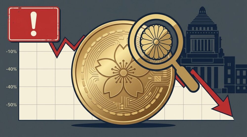 桜マーク入りのデジタルコインに金融庁の虫眼鏡アイコンが重なるイラスト。SANAE TOKEN無登録発行疑いで金融庁が調査検討に乗り出したことを表す速報ニュースビジュアル。