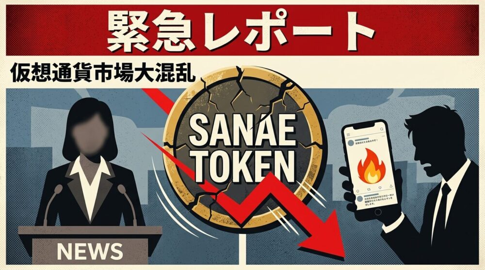 NoBorder「SANEAトークン」炎上騒動の緊急レポートイラスト。
急落するトークン価格チャート、政治家シルエット、
炎上するスマートフォン画面を配した
レッド×ブラックの警告スタイルニュースデザイン。