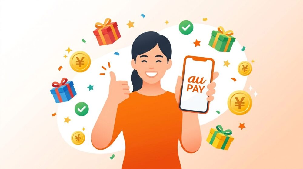 auPAYのプレゼントキャンペーンでスマホを持って喜ぶイラスト