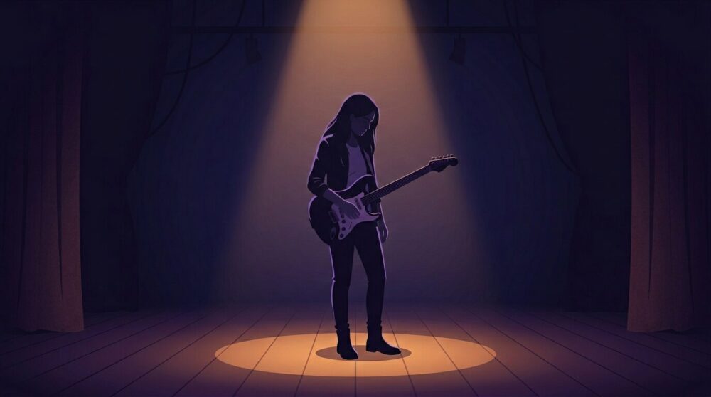 空のステージでスポットライトを浴びるギタリストのイラスト