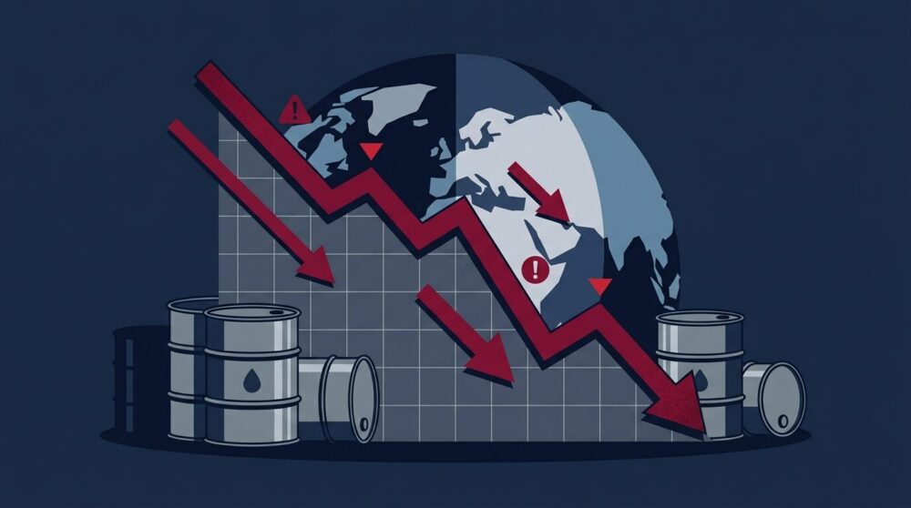株価グラフが急落し原油と地球が描かれた世界同時株安のイラスト